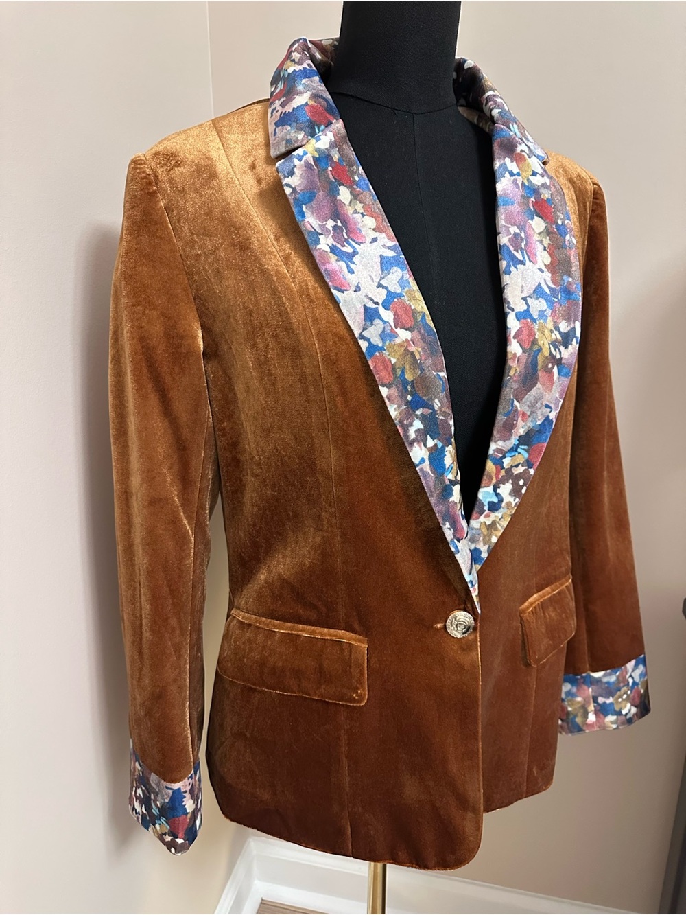 FuFario Women’s Velvet Blazer Floral Lapel & Cuffs Fall Colors Brown Size S